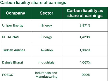 Carbon liability share of earnings